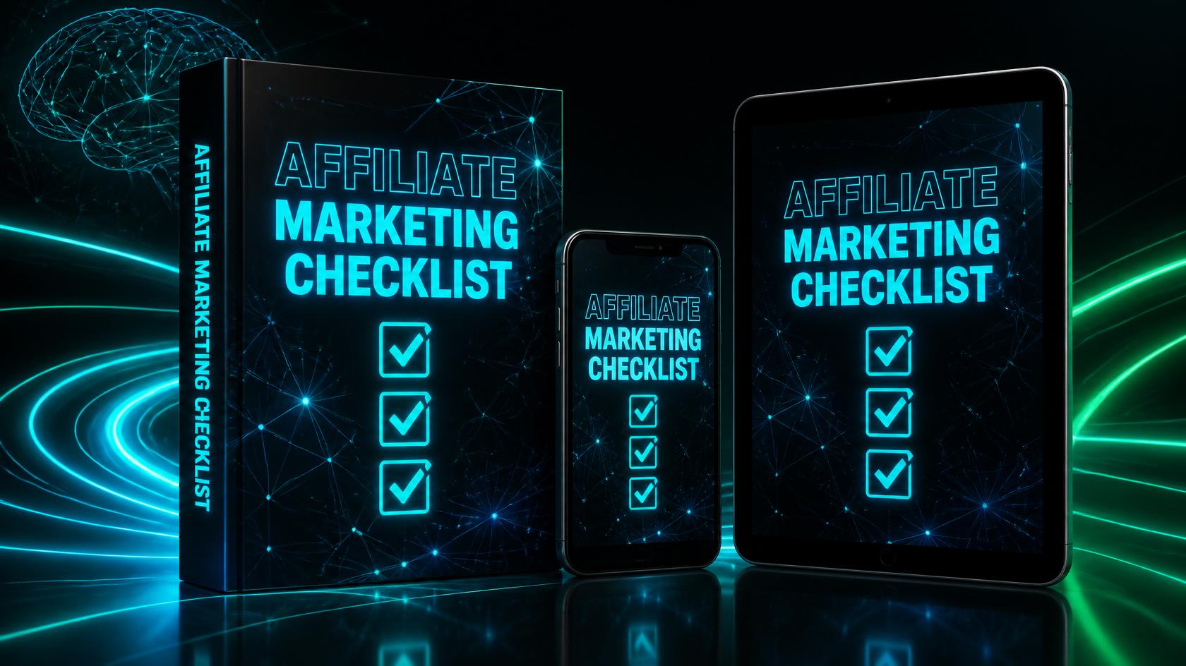 3D Mockup der Affiliate Marketing Starter-Checkliste auf Buch, iPhone und iPad
